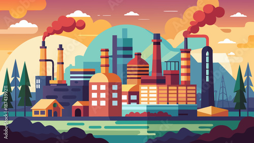 Industrial landscape at sunset Vector