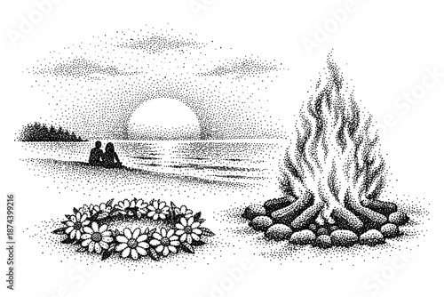 Romantic beach scene with sunset and campfire in stipple art style