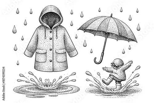 Retro stipple art of rainy day fun with coat, umbrella, and child