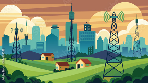 Rural and urban communication towers at sunset Vector