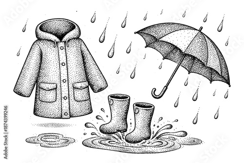 Rainy weather essentials in vintage stipple art style