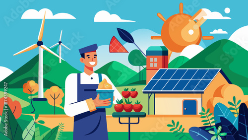 Farmer utilizing renewable energy sources Vector