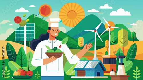 Chef showcasing sustainable farming and renewable energy Vector