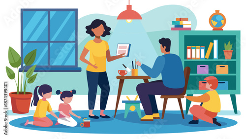 Family engaging in creative activities together Vector
