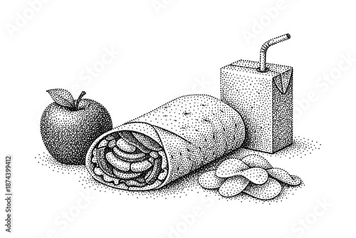 Halftone fast food set with burrito, apple, chips, and juice box