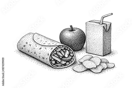 Monochrome stipple art: wrap with apple, juice box, and chips still life