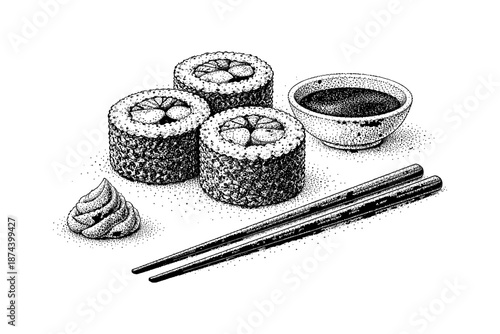 Detailed stippling art of sushi rolls with soy sauce and chopsticks