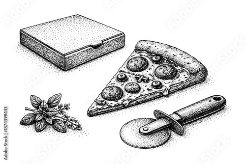 Vintage pizza slice with box and cutter: hand drawn stipple art