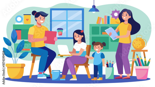 Family engaged in learning activities Vector