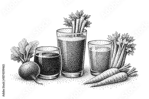 Dot art drinks featuring beetroot and carrot juices with fresh vegetables