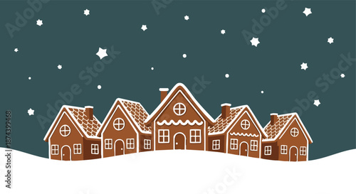 A whimsical village crafted from gingerbread cookies nestled in a snowy landscape under a starlit winter sky ideal for festive design