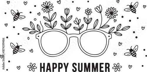 Happy Summer Greeting with Sunglasses and Bees Line Art eyewear