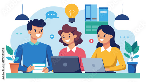 Team collaborating on laptops Vector