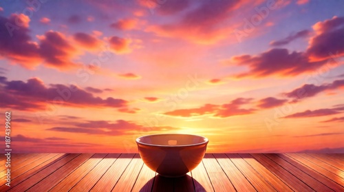 Mesmerizing sunset illuminates a simple bowl on a polished wooden surface