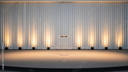 Empty Theater Stage With Closed Curtain And Microphone.