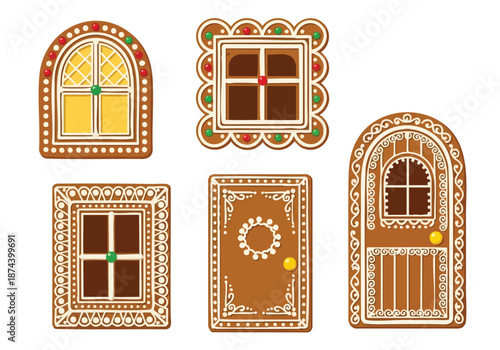 A charming collection of intricately decorated gingerbread doors and windows showcasing festive confectionery artistry for seasonal celebrations and