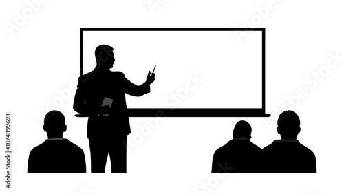 A silhouette of a speaker on a stage holding a remote, gesturing towards a large blank screen in a conference hall.