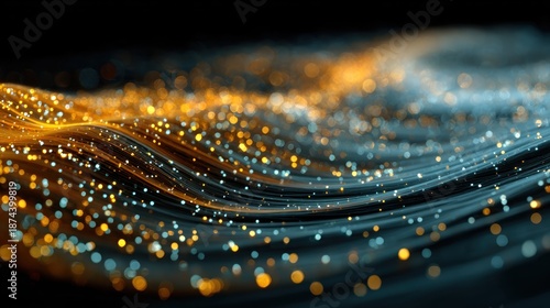 Abstract wavy lines with glowing golden particles on a dark background