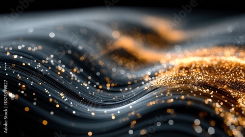 Abstract flowing, wavy shapes with gold particles, a blurred dark backdrop, bokeh effect