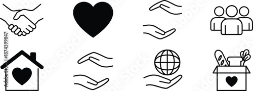 Charity and community support line icons set with hands heart people donation box and global care symbols for nonprofit design