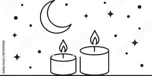 Line Art of Two Candles, Crescent Moon and Stars on White Background Keywords: candles, crescent moon, stars, line art, black and white