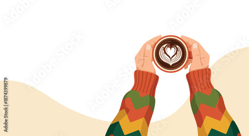 Cozy coffee moment with latte art in a patterned sweater on a soft backdrop a delightful beverage illustration for promotional materials