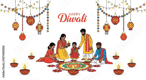 Illustration of a family celebrating Diwali festival with traditional decorations and rangoli in a joyful atmosphere.