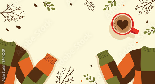 Cozy Autumn Scene with Warm Drink and Knitted Sweaters for a Comforting Atmosphere
