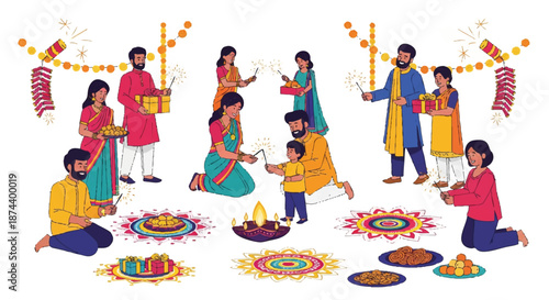 Illustration of a diverse group of people celebrating Diwali festival with traditional decorations and food in a vibrant and joyful atmosphere.