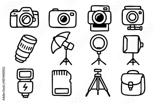 Photography and camera equipment icons set in simple outline doodle style