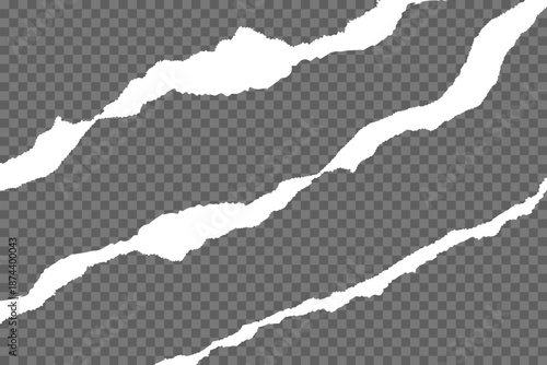 Torn, ripped piece of horizontal white paper with soft shadow is on squared grey background for text. Vector illustration