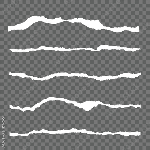 Torn, ripped piece of horizontal white paper with soft shadow is on squared grey background for text. Vector illustration