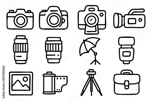 Photography and camera equipment icons set in simple outline doodle style