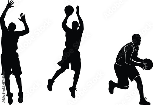 Black Basketball Player Silhouettes Set Isolated on White Background Including Jumping Action Shooting Motion and Dribbling Maneuvers for Sports Vector Graphics and Athletic Logo Design