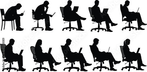Office ergonomics laptop working posture silhouette set showing people sitting on chairs with laptops isolated on white background