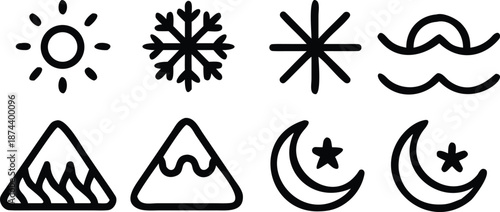 Seasonal icons, sun, snowflake, abstract star, mountains, moon, and waves, line art vector