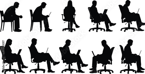 Office chair working posture silhouette set showing men and women sitting with laptops in various ergonomic positions isolated on white background