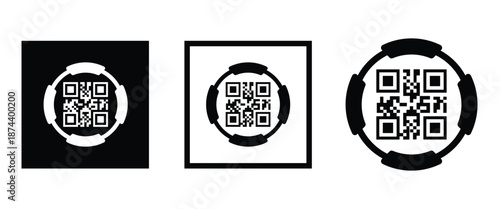 Three bold black square frames, each containing a classic black and white QR code pattern. Clean, minimalist vector design arranged horizontally on transparent background. Ideal for tech branding.