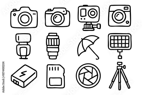 Photography and camera equipment icons set in simple outline doodle style