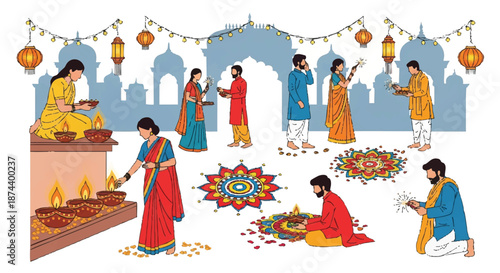Illustration of people celebrating Diwali festival with traditional Indian decorations and lanterns in a vibrant cultural setting.
