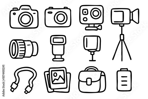 Photography and camera equipment icons set in simple outline doodle style