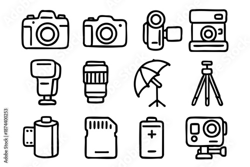 Photography and camera equipment icons set in simple outline doodle style