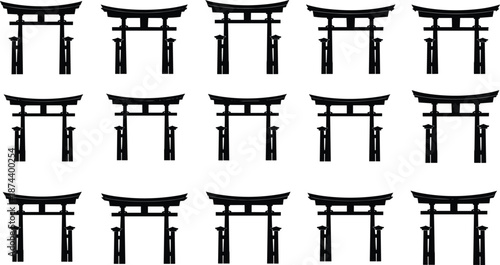 Japanese torii gate silhouette icon set featuring traditional Shinto shrine entrances, cultural architecture symbols in black vector style isolated on white background