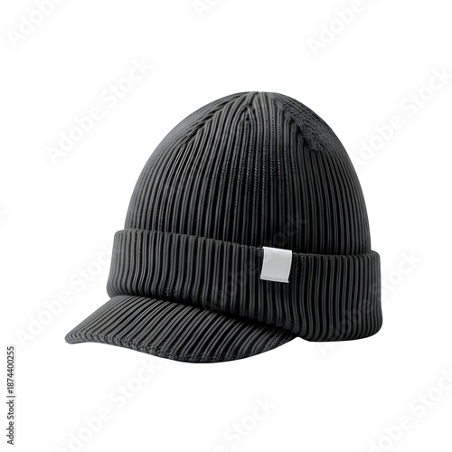 Dark gray ribbed knit beanie hat with small tag isolated on transparent background
