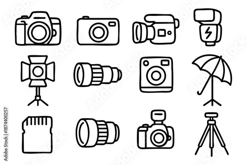 Photography and camera equipment icons set in simple outline doodle style
