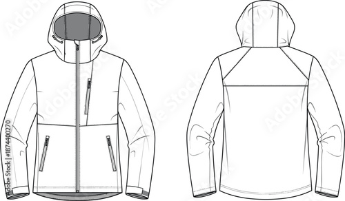 Technical hooded jacket cad drawing flat vector fashion illustration with front and back views for apparel design manufacturing specification