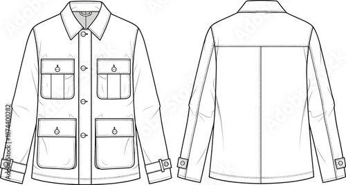 Technical jacket cad drawing flat vector fashion illustration with front and back views for apparel design templates production manufacturing specification