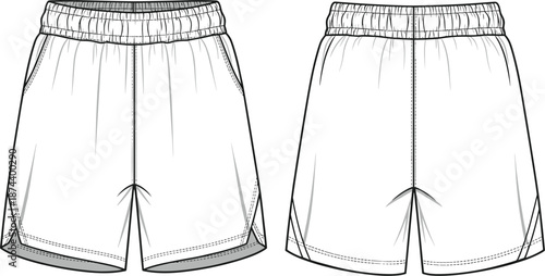 Technical elastic waist shorts cad drawing flat vector fashion illustration with front and back views for apparel design manufacturing specification