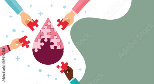 Human hands collaboratively assembling a blood drop puzzle symbolizing unity and medical aid on a simple background graphic resource