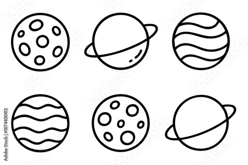 Planets and space silhouette icon set in simple black and white outline doodle style